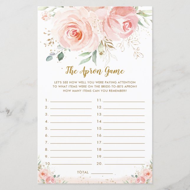 Lámina Rubor Pink Floral Bridal Shower The Apron Game (Anverso)