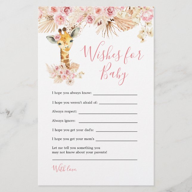 Lámina Rubor Pink Giraffe Baby Shower desea un bebé (Anverso)