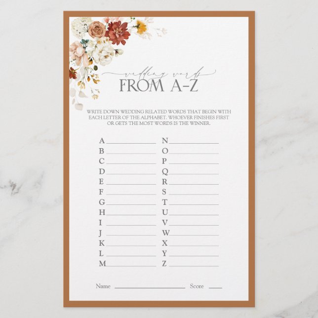 Lámina Rust Naranja Watercolor Floral Bridal Shower Game (Anverso)
