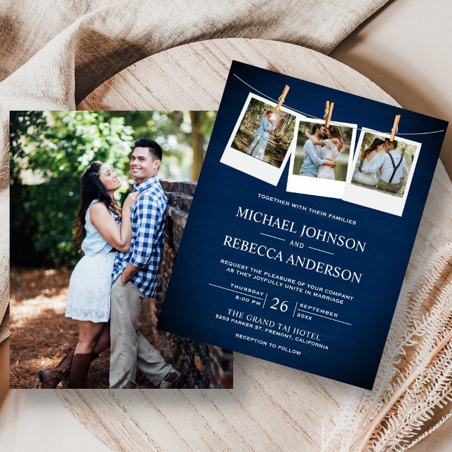 Lámina Rustic Blue Wood Photo Budget Wedding Invitation (Subido por el creador)