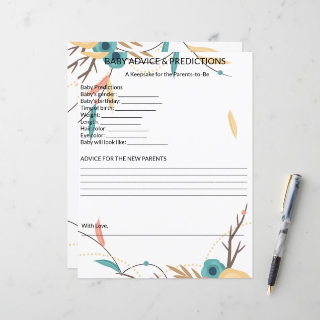 Lámina Rustic Boho Baby Shower Baby Advice & Predictions (Anverso/Reverso In Situ)