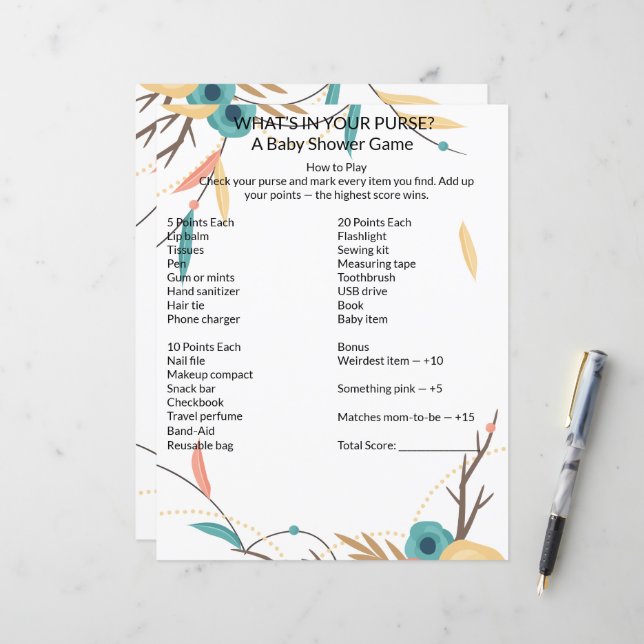 Lámina Rustic Boho What's In Your Purse Baby Shower Game (Anverso/Reverso In Situ)