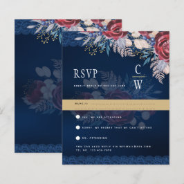 Lámina Rustic Burgundy Blue Floral Lace Wedding RSVP
