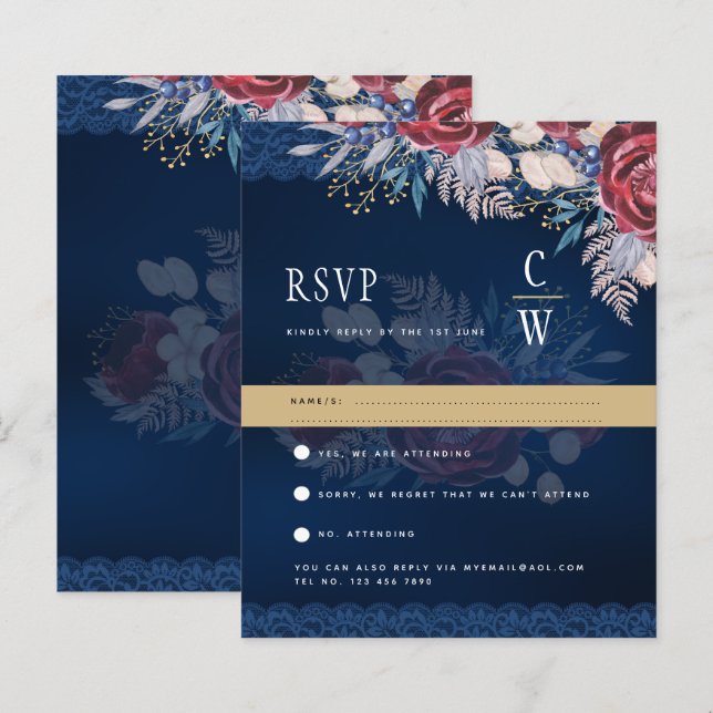Lámina Rustic Burgundy Blue Floral Lace Wedding RSVP (Anverso / Reverso)