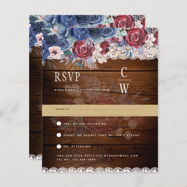 Lámina Rustic Burgundy Blue Floral Lace Wedding RSVP (Anverso / Reverso)