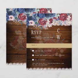 Lámina Rustic Burgundy Blue Floral Lace Wedding RSVP