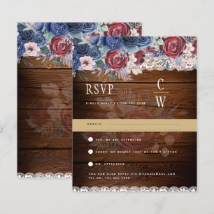 Lámina Rustic Burgundy Blue Floral Lace Wedding RSVP