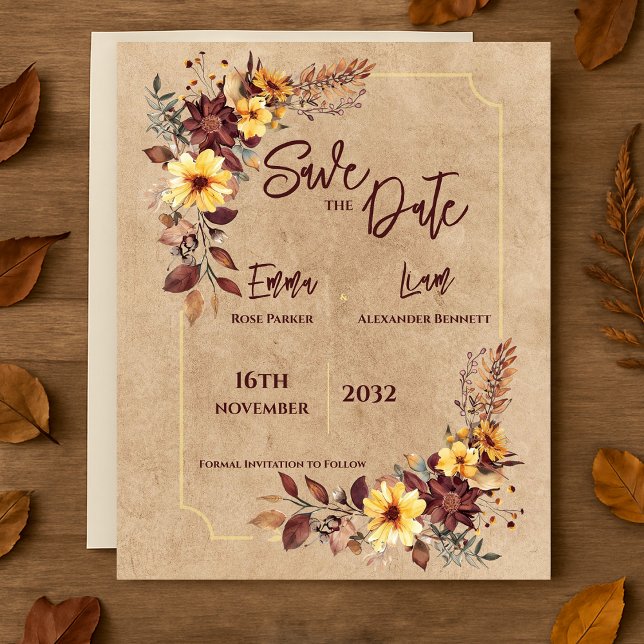 Lámina Rustic Burgundy Floral Fall Wedding Save the Date (Rustic Burgundy Floral Fall Wedding Save the Date)