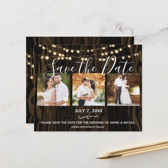 Lámina Rustic Dark Wood & Lights Photo Save the Date (Anverso/Reverso In Situ)