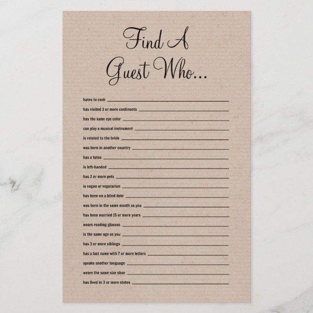 Lámina Rustic Find The Guest Bridal Shower Game (Anverso)