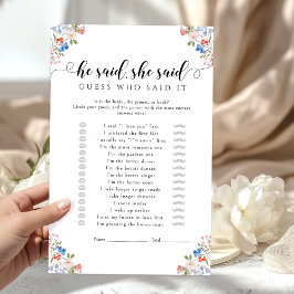 Lámina Rustic Floral He said She said Bridal Shower Game
