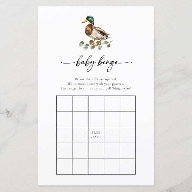 Lámina Rustic Mallard Duck Baby Shower Bingo Game Card (Anverso)