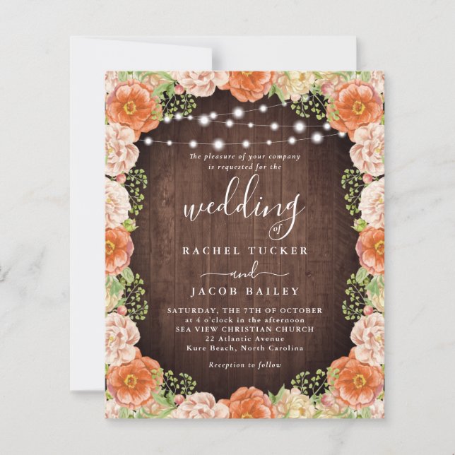 Lámina Rustic Peach Coral Floral Fall Wedding Invitation (Anverso)