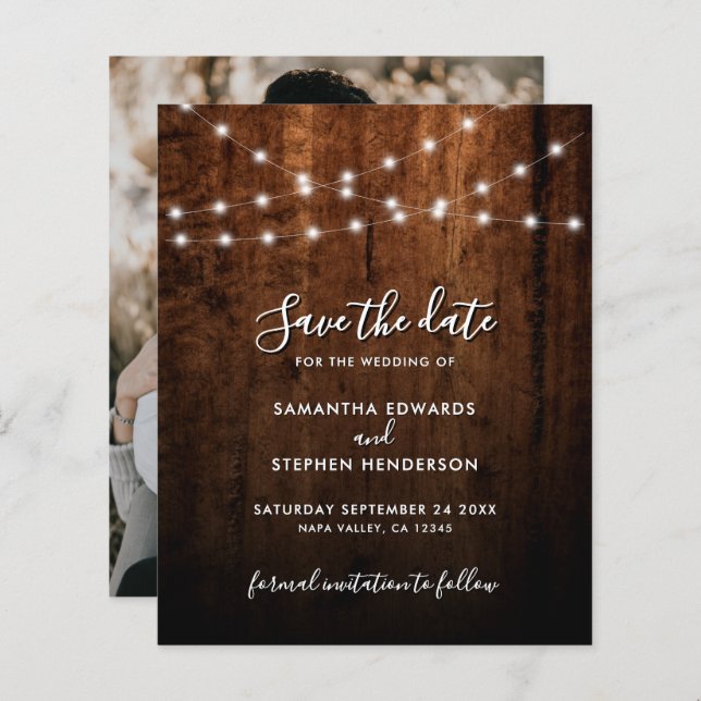 Lámina Rustic String Lights & Wood Wedding Save The Date (Anverso / Reverso)