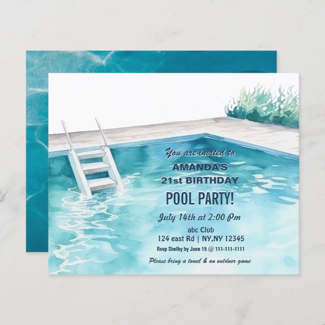 Lámina Rustic Summer Swimming Pool Party Birthday  Invite (Anverso / Reverso)
