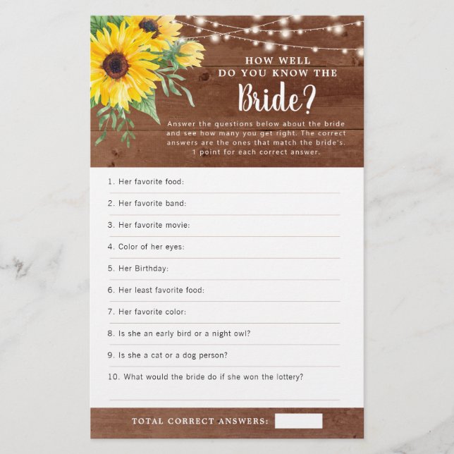 Lámina Rustic Sunflower Ilumina Wood Bridal Shower Game (Anverso)