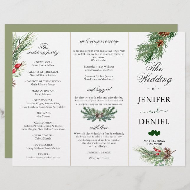 Lámina Rustic Winter Berry Pine Greenery Wedding (Anverso / Reverso)