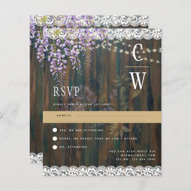 Lámina Rustic Wisteria Lace enciende boda de madera RSVP (Anverso / Reverso)