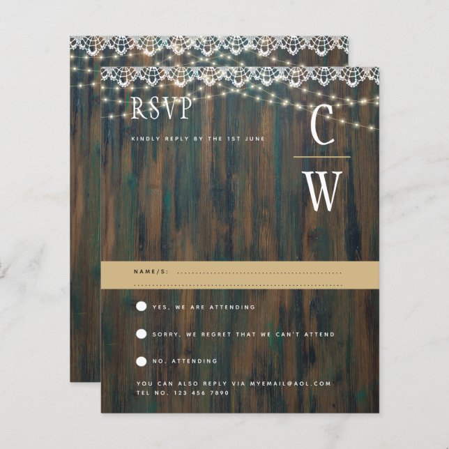Lámina RUSTIC WOOD LIGHTS LACE Wedding RSVP (Anverso / Reverso)