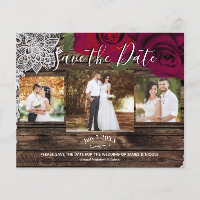 Lámina Rustic Wood Red Roses Floral Photo Save the Date (Anverso)