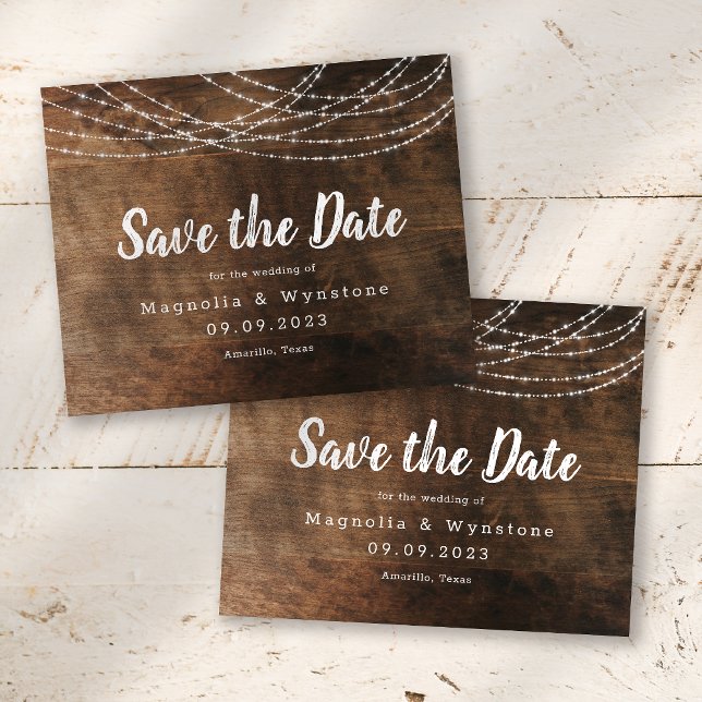 Lámina Rustic Wood String Lights Brussel Script Boda Save (Subido por el creador)