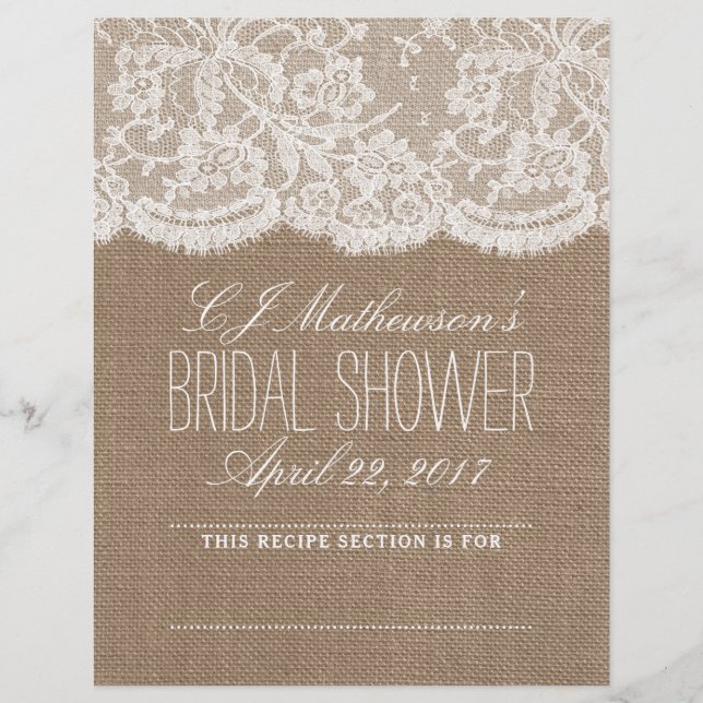 Lámina Rústica Burlap & Lace Bridal Shower Recipe Divider (Anverso)