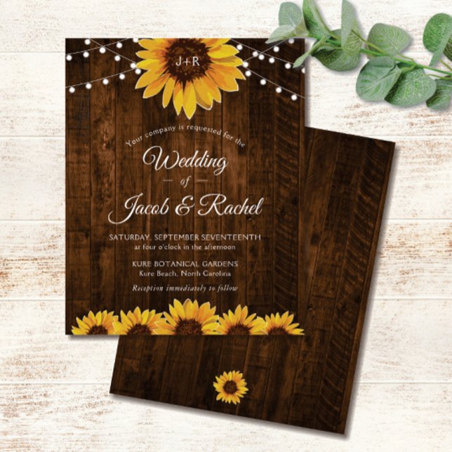 Lámina Rústica cuerda de girasol ilumina invitación de ma (Rustic Sunflower String Lights Wedding Invitation)