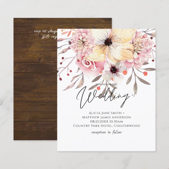 Lámina Rústico Boda de presupuesto de Rubor Floral Rosa I (Anverso / Reverso)