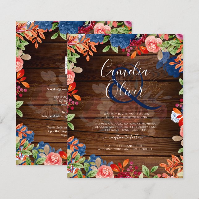 Lámina Rústico Boda floral azul borgoñés (Anverso / Reverso)