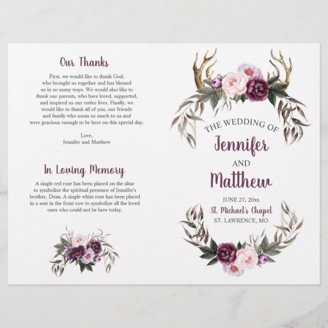 Lámina Rústico Boho Antlers Peonies rosados de ciruela mo (Anverso)