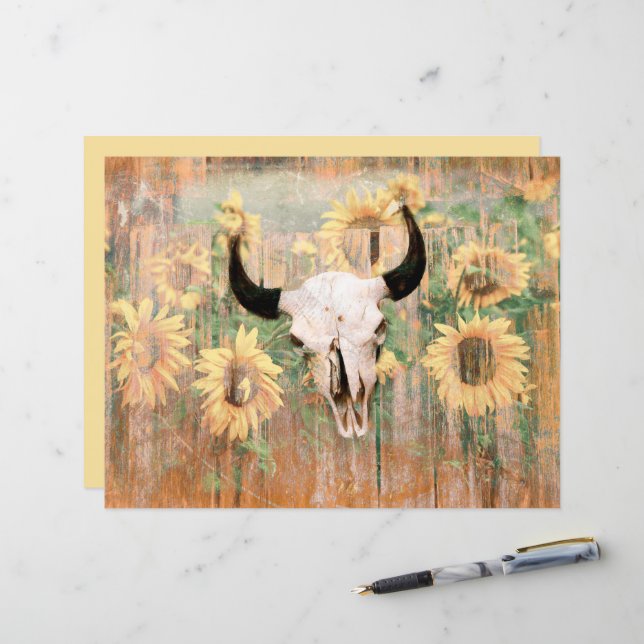 Lámina Rústico Bull Skull Marrón girasoles amarillos (Anverso/Reverso In Situ)