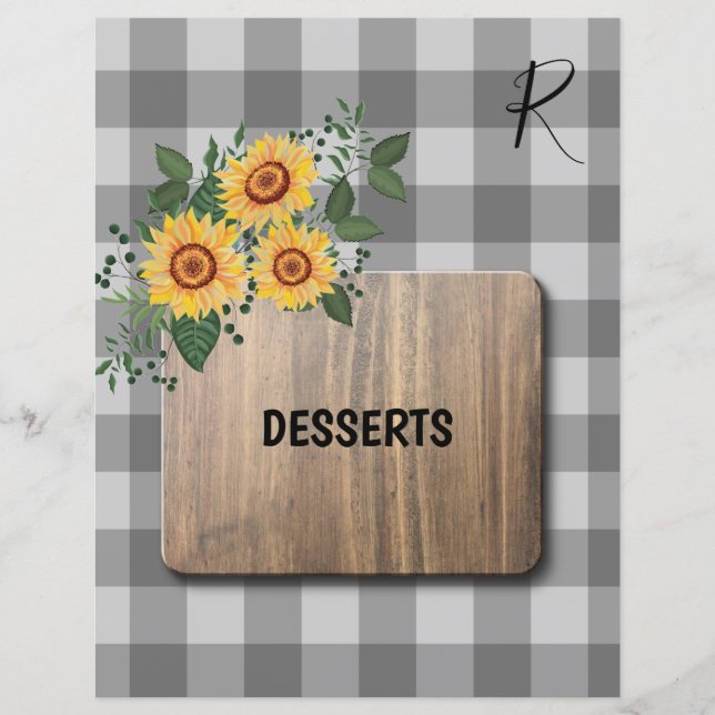 Lámina Rústico gingham girasoles organizador de la receta (Anverso)