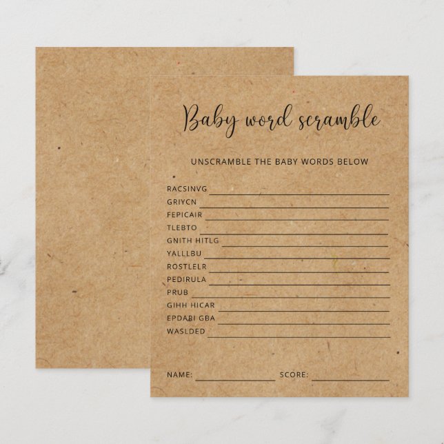 Lámina Rústico - Palabras de bebé | Juego Baby Shower (Anverso / Reverso)