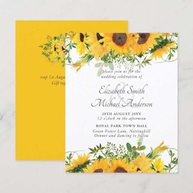 Lámina Rústico presupuesto de Boda con tema de girasol (Anverso / Reverso)