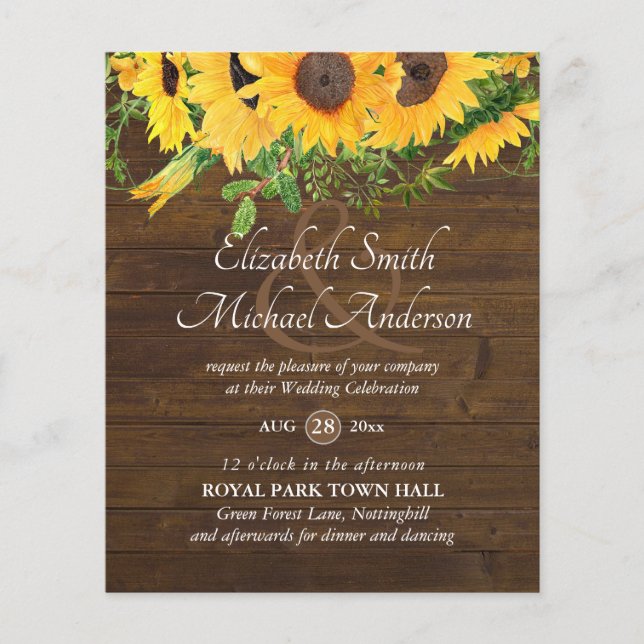 Lámina Rústico presupuesto de Boda con tema de girasol (Anverso)