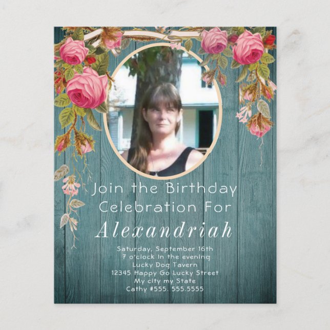 Lámina Rústico Rosa Rosa Azul Verde Barn Madera Cumpleaño (Anverso)