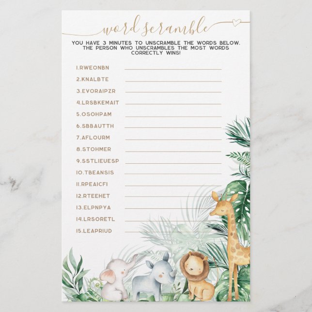 Lámina Safari Animal Greenereneration Baby Word Scramble  (Anverso)