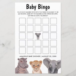 Lámina Safari Animales Bingo Bebé Juegos de Baby Shower