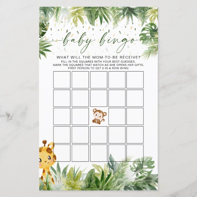 Lámina Safari Animales Juego de Bingo Bebé (Anverso)