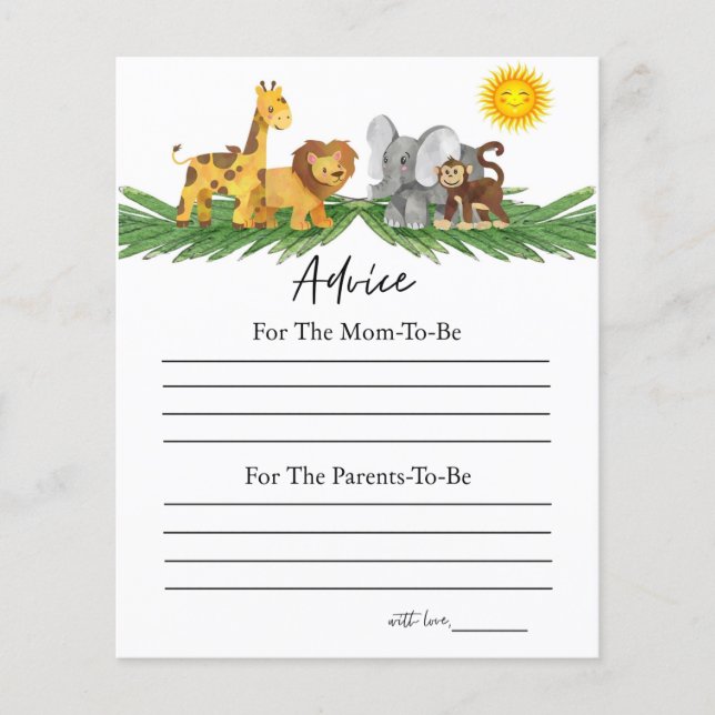 Lámina Safari Animals Advice for Baby Shower Game (Anverso)
