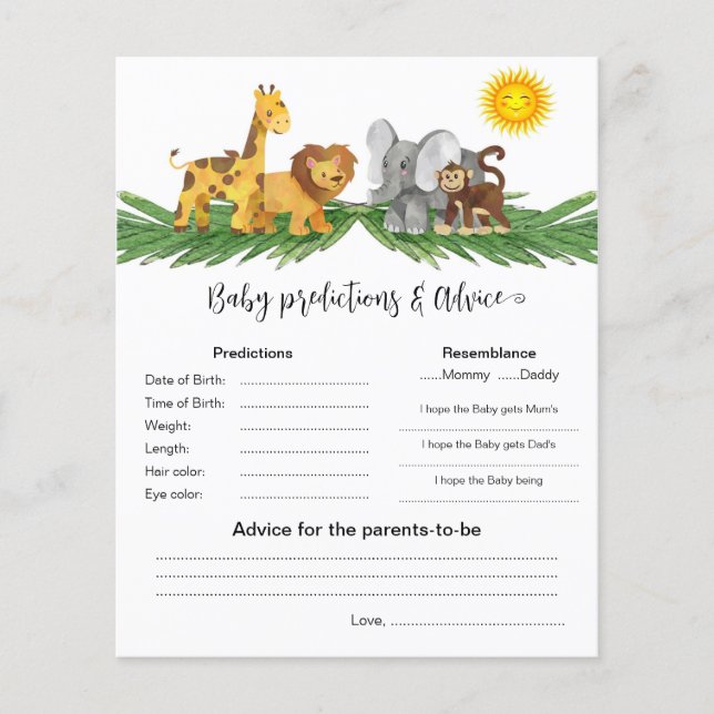 Lámina Safari Animals Baby Predictions Best Shower Game (Anverso)