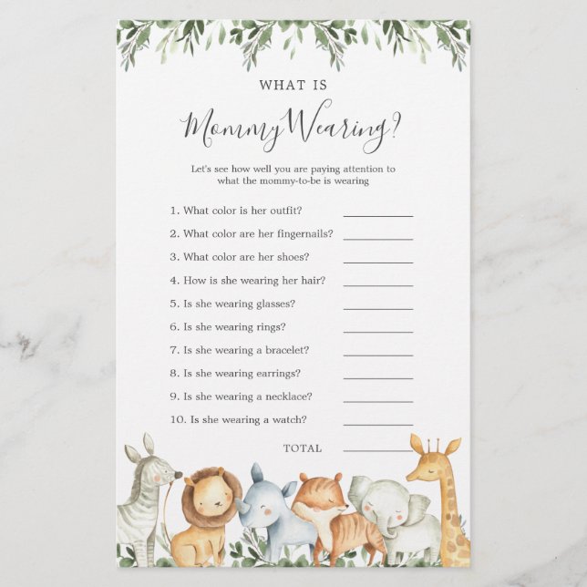 Lámina Safari Animals Baby Shower ¿Qué está usando mamá? (Anverso)