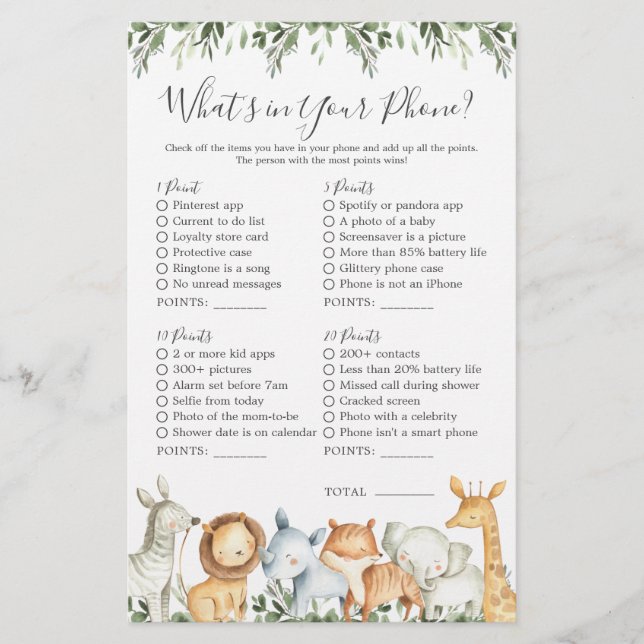 Lámina Safari Animals Baby Shower ¿Qué hay en tu teléfono (Anverso)