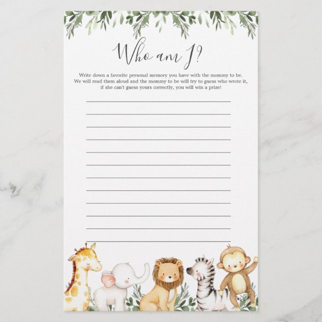 Lámina Safari Animals Baby Shower ¿Quién soy yo? (Anverso)