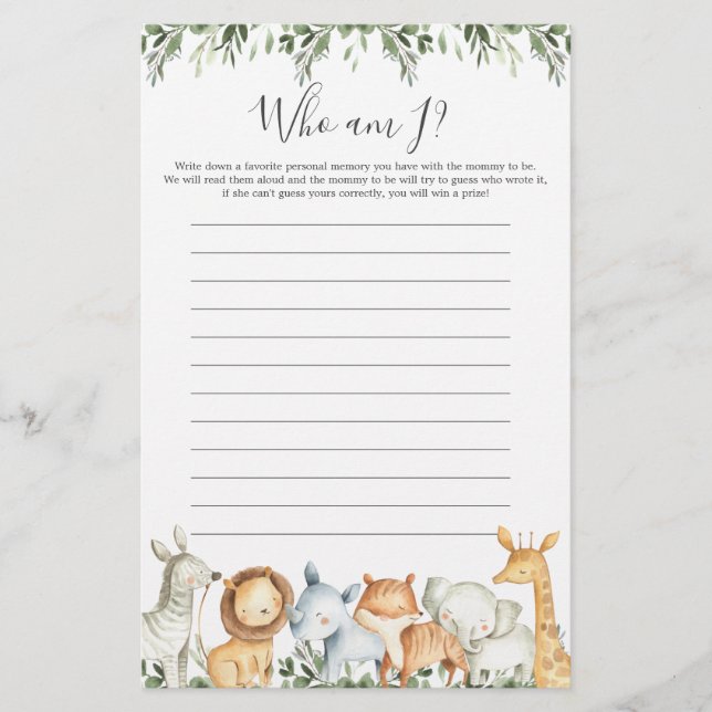 Lámina Safari Animals Baby Shower ¿Quién soy yo? (Anverso)