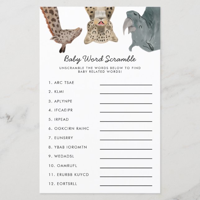 Lámina Safari Animals Juego de Cramble de Palabras para B (Anverso)