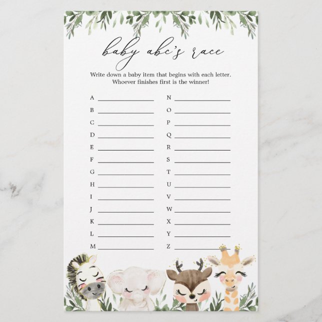 Lámina Safari Animals Juego de Raza de Baby Shower ABC (Anverso)
