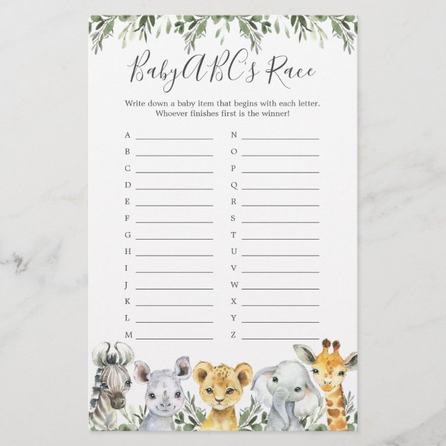 Lámina Safari Animals Juego de Raza de Baby Shower ABC (Anverso)