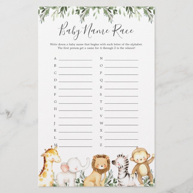 Lámina Safari Animals Juego de Raza de Nombre de Baby Sho (Anverso)