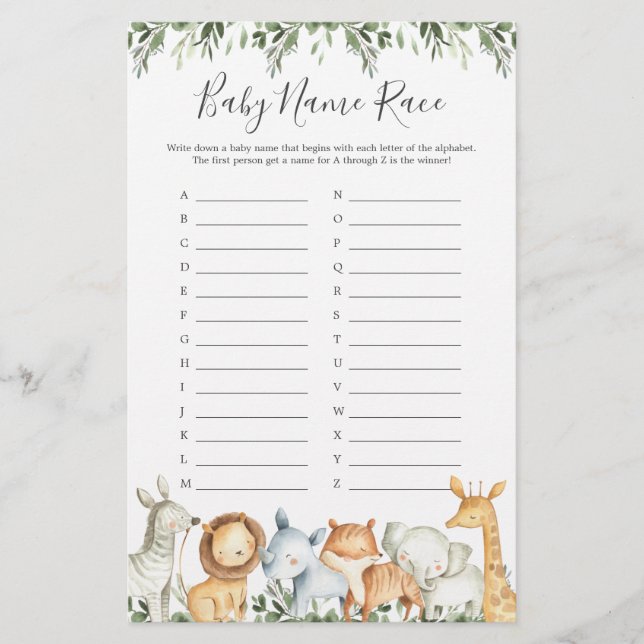 Lámina Safari Animals Juego de Raza de Nombre de Baby Sho (Anverso)